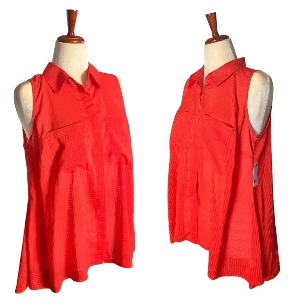NY COLLECTIONS | Women’s Orange Sleeveless Button Down Sheer Blouse Size 1X - Picture 4 of 11